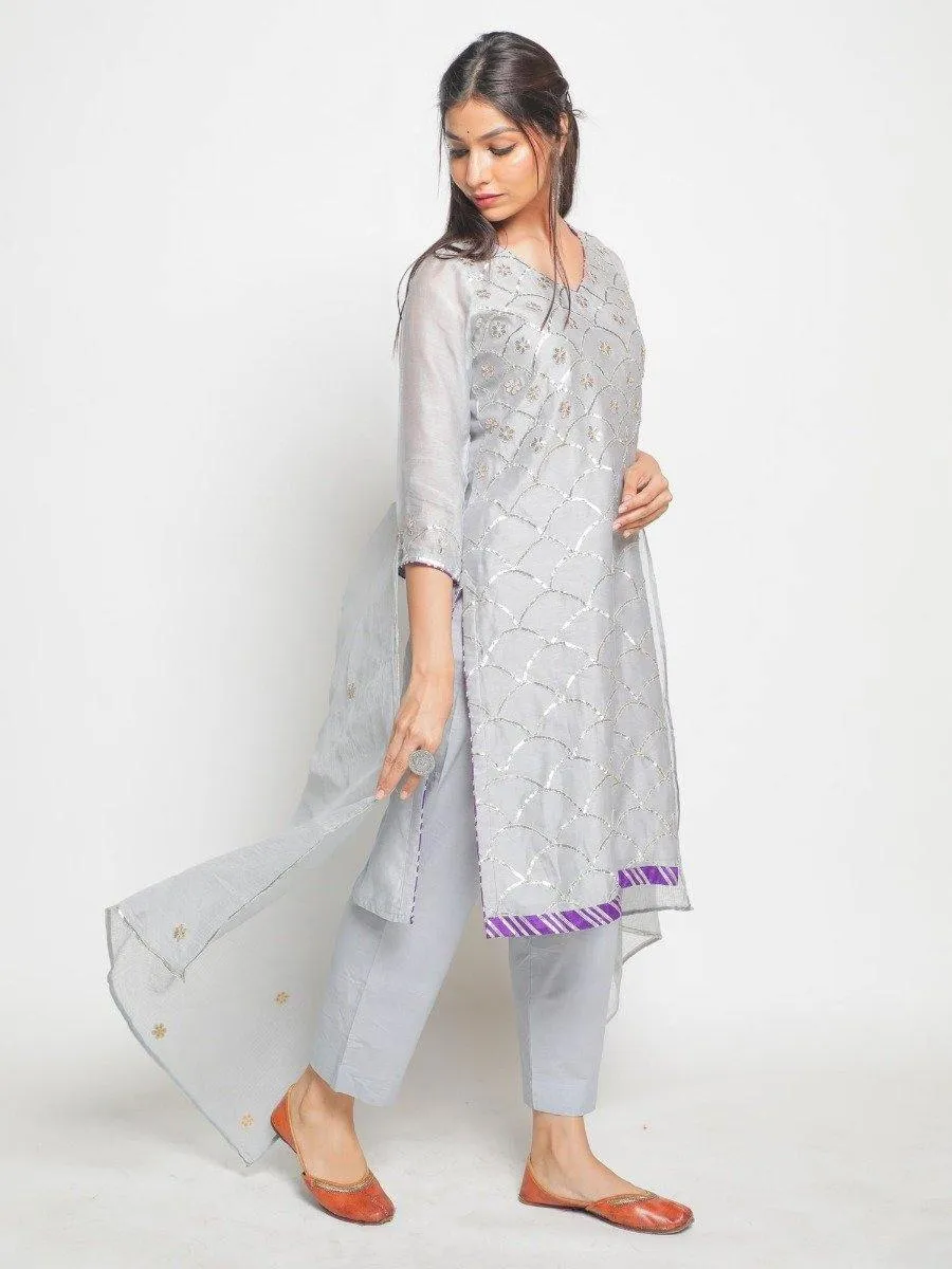 Grey Matsya Kurta With Pant & Dupatta (Set of 3)