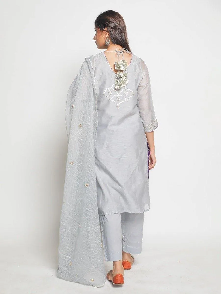 Grey Matsya Kurta With Pant & Dupatta (Set of 3)