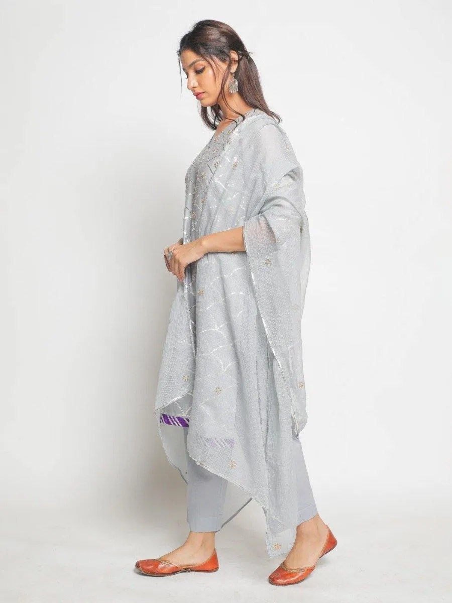 Grey Matsya Kurta With Pant & Dupatta (Set of 3)