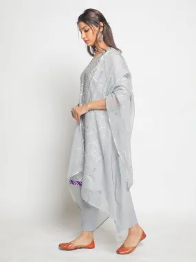 Grey Matsya Kurta With Pant & Dupatta (Set of 3)