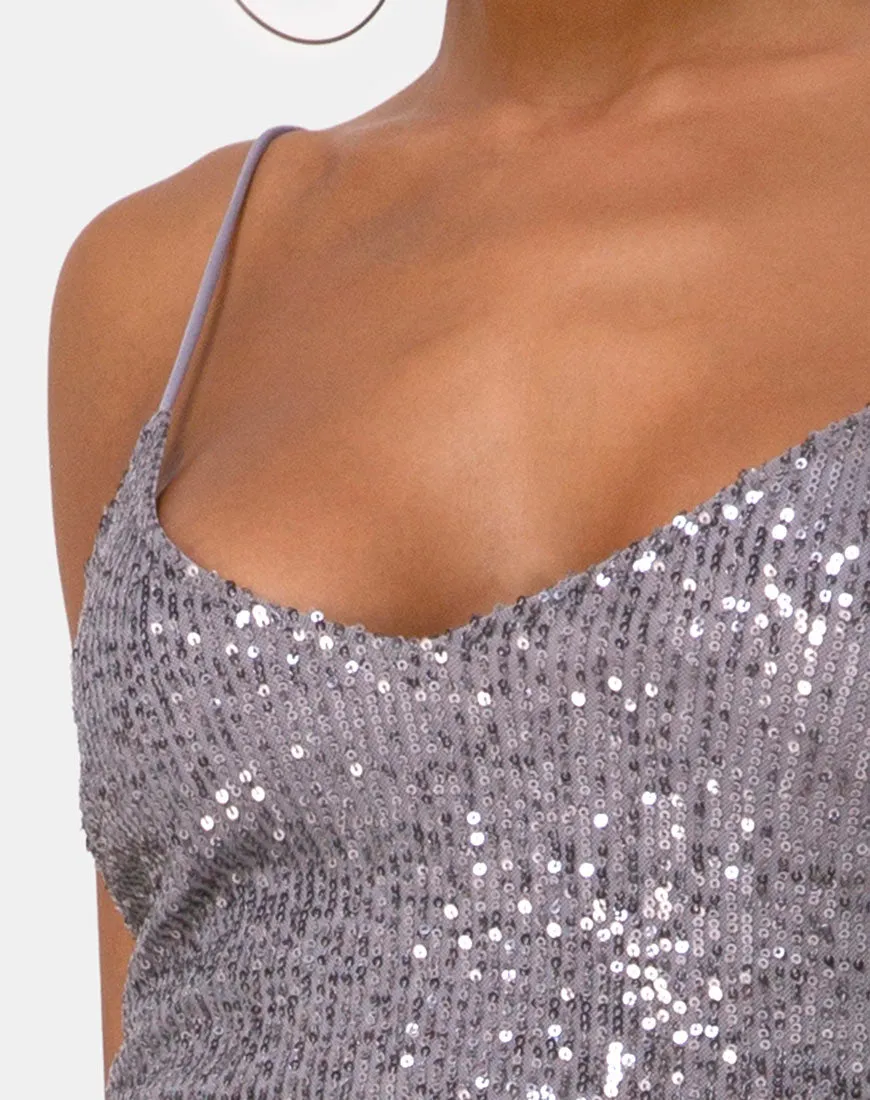 Humia Dress in Drape Net Sequin Silver