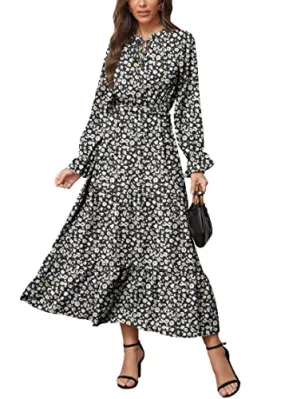 KIRUNDO 2023 Spring Summer Women's Long Sleeve Floral Print Boho Maxi Dress Casual High Waist Ruffle Flowy Long Dresses(Black Leaves, Small)