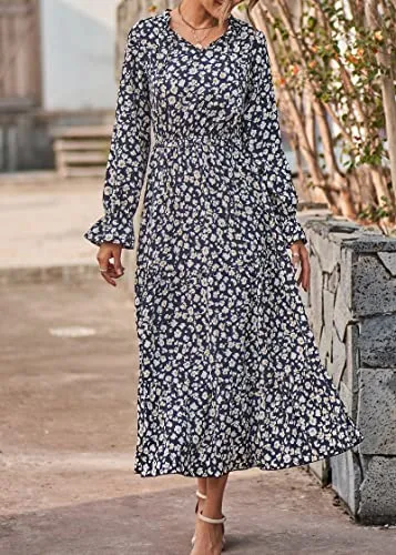 KIRUNDO 2023 Spring Summer Women's Long Sleeve Floral Print Boho Maxi Dress Casual High Waist Ruffle Flowy Long Dresses(Black Leaves, Small)