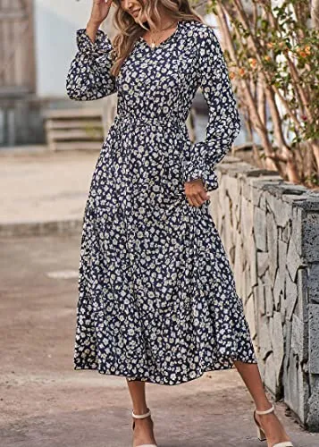 KIRUNDO 2023 Spring Summer Women's Long Sleeve Floral Print Boho Maxi Dress Casual High Waist Ruffle Flowy Long Dresses(Black Leaves, Small)