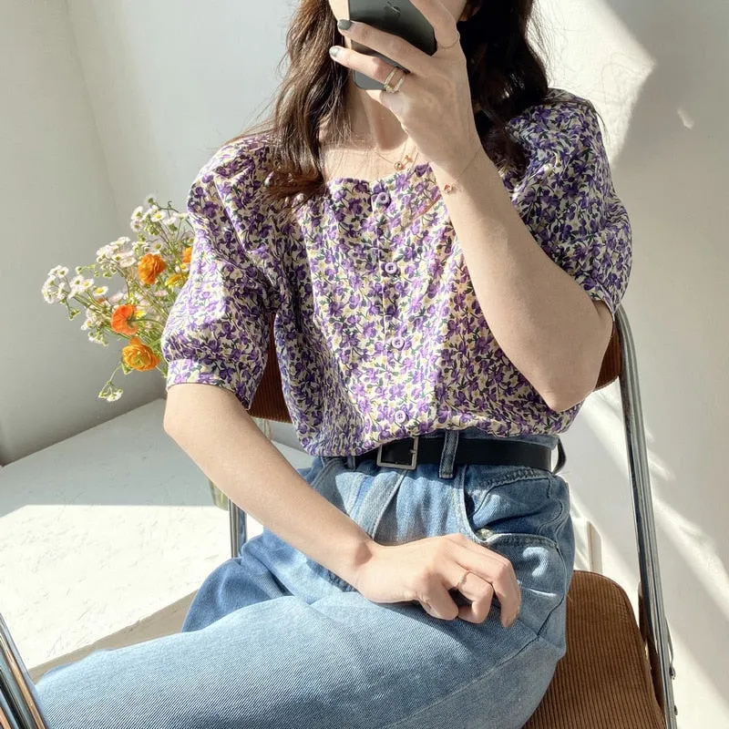 [Korean Style] 3 Color Square Neckline Floral Print Blouse w/ puffy Sleeves