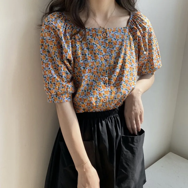 [Korean Style] 3 Color Square Neckline Floral Print Blouse w/ puffy Sleeves