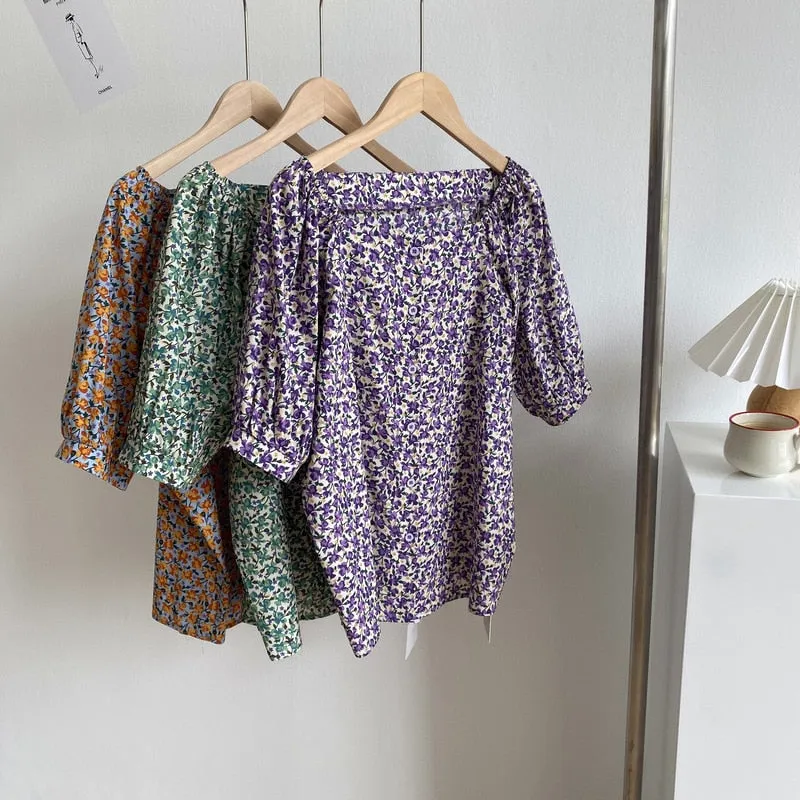 [Korean Style] 3 Color Square Neckline Floral Print Blouse w/ puffy Sleeves