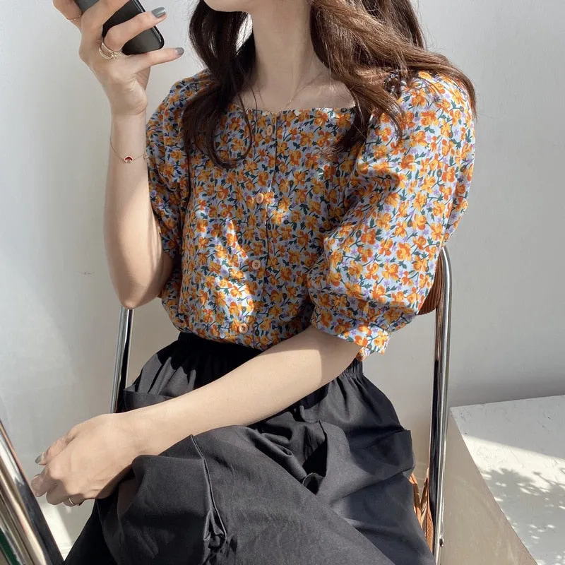 [Korean Style] 3 Color Square Neckline Floral Print Blouse w/ puffy Sleeves