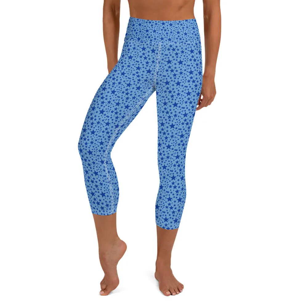 Light Blue Star Pattern Tights, Stars Print Pattern Women's Yoga Mid-Calf Capri Pants Leggings- Made in USA/EU