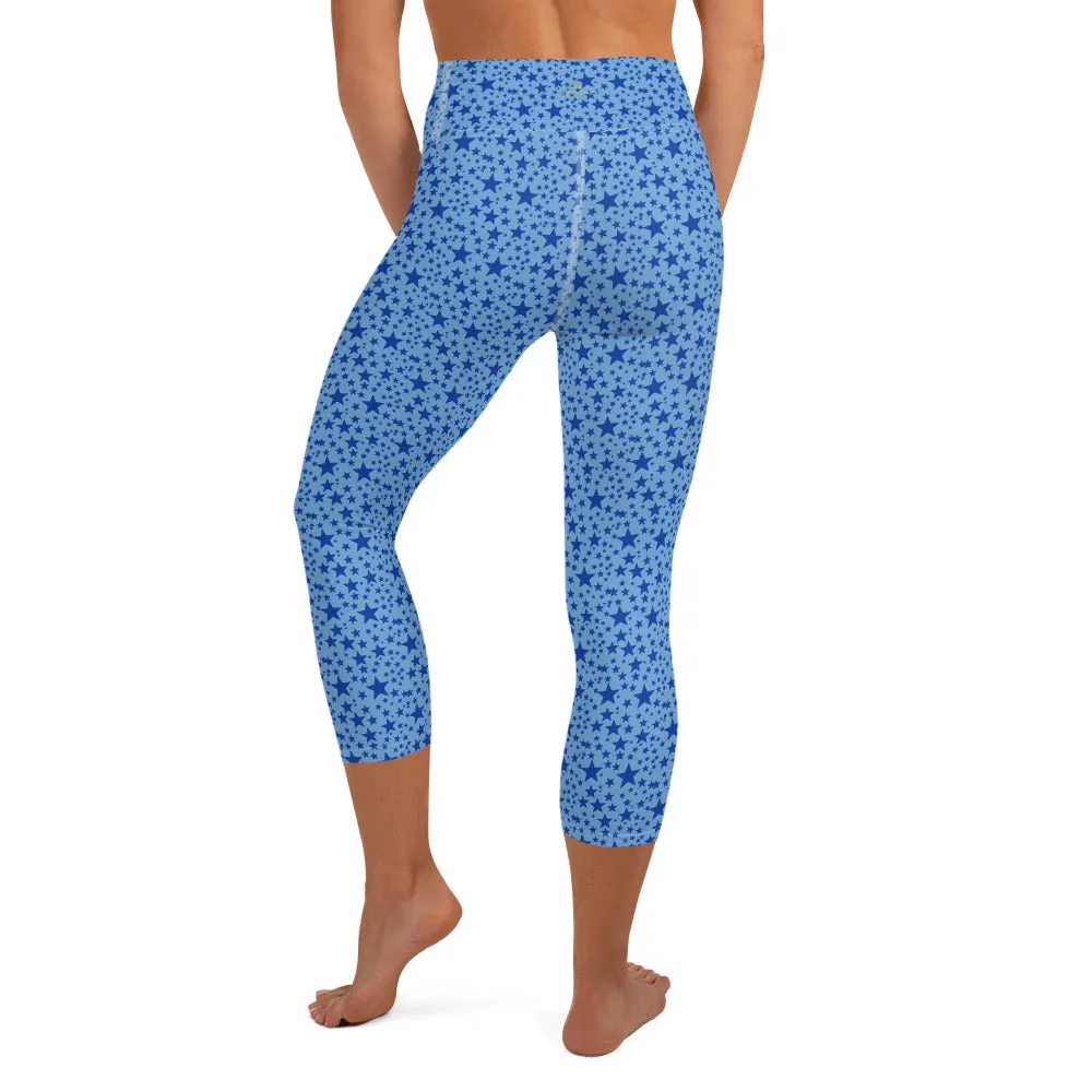 Light Blue Star Pattern Tights, Stars Print Pattern Women's Yoga Mid-Calf Capri Pants Leggings- Made in USA/EU