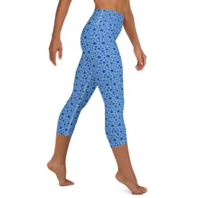 Light Blue Star Pattern Tights, Stars Print Pattern Women's Yoga Mid-Calf Capri Pants Leggings- Made in USA/EU