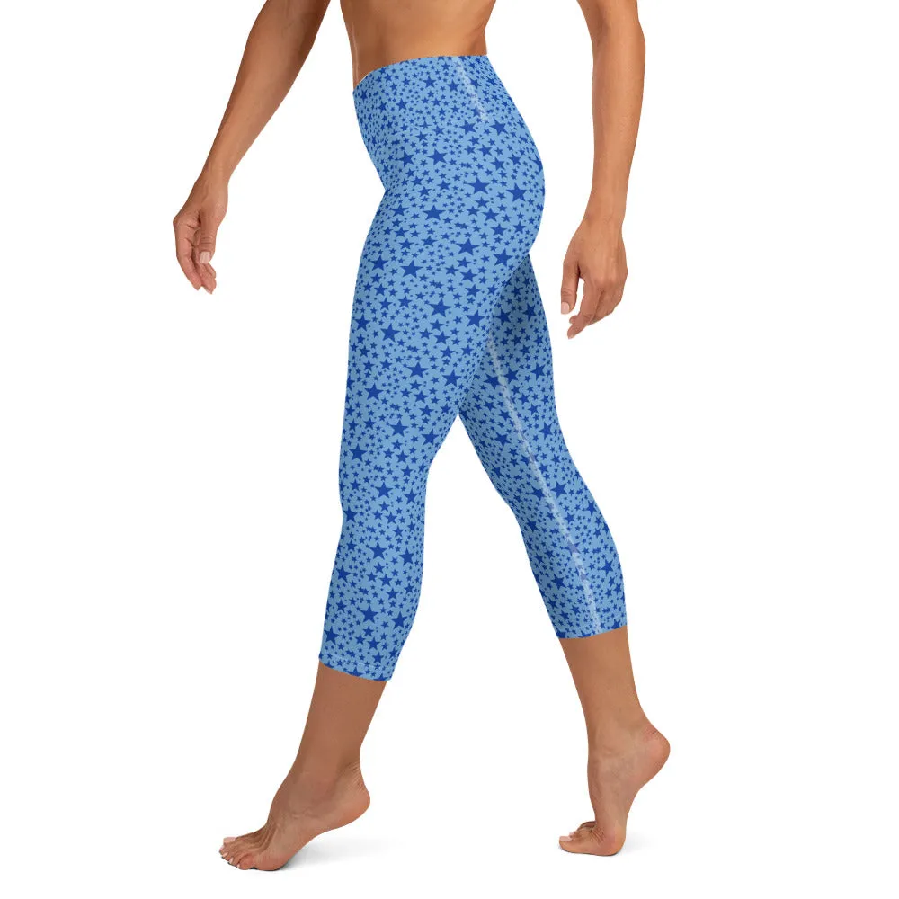 Light Blue Star Pattern Tights, Stars Print Pattern Women's Yoga Mid-Calf Capri Pants Leggings- Made in USA/EU