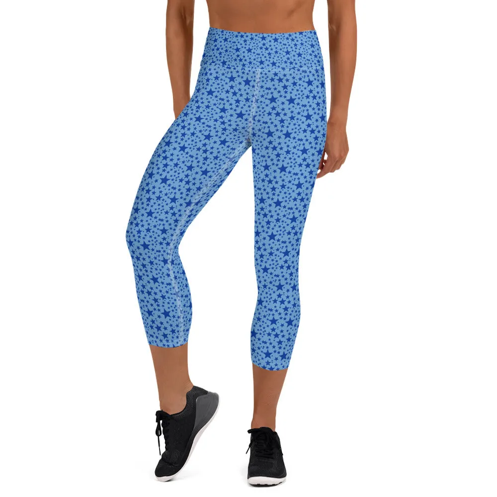 Light Blue Star Pattern Tights, Stars Print Pattern Women's Yoga Mid-Calf Capri Pants Leggings- Made in USA/EU