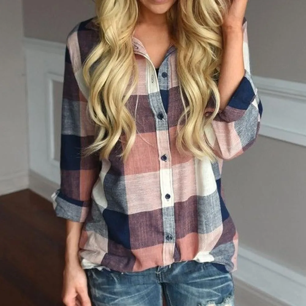 Long Sleeve Button Loose Plaid Shirt Top