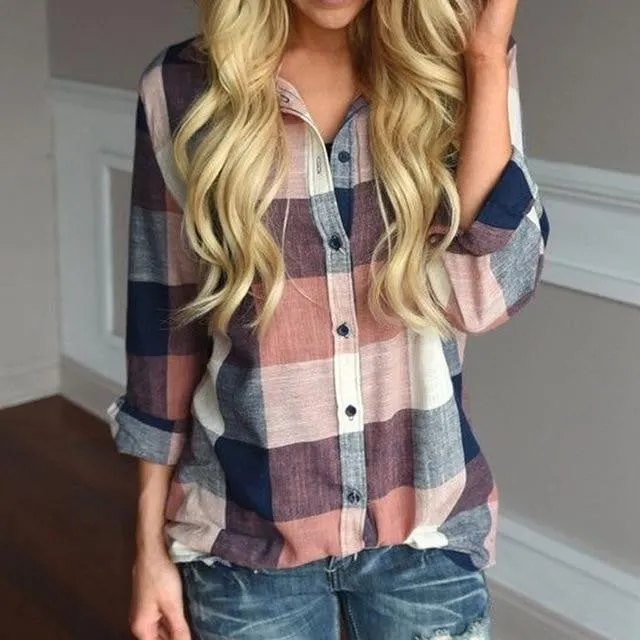 Long Sleeve Button Loose Plaid Shirt Top