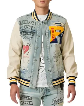 Mens Hand Drawing Leather Sleeves Denim Varsity Jacket