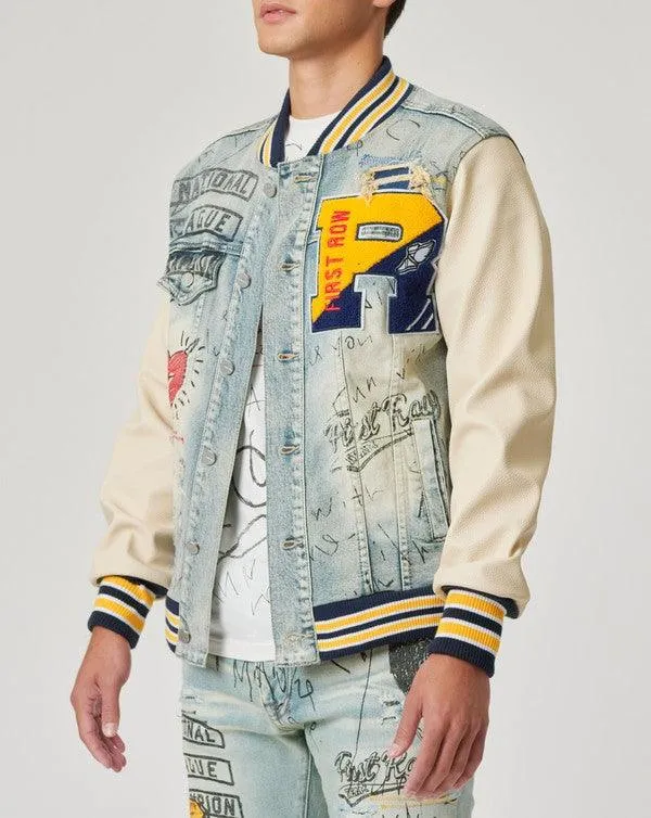 Mens Hand Drawing Leather Sleeves Denim Varsity Jacket