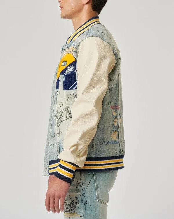 Mens Hand Drawing Leather Sleeves Denim Varsity Jacket