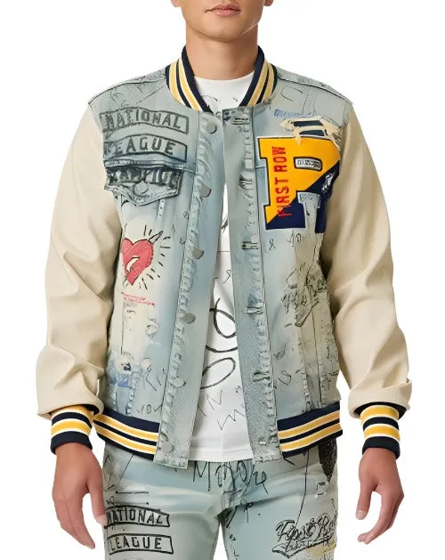 Mens Hand Drawing Leather Sleeves Denim Varsity Jacket