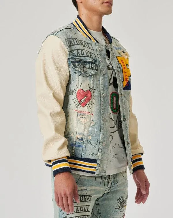 Mens Hand Drawing Leather Sleeves Denim Varsity Jacket