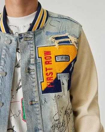 Mens Hand Drawing Leather Sleeves Denim Varsity Jacket