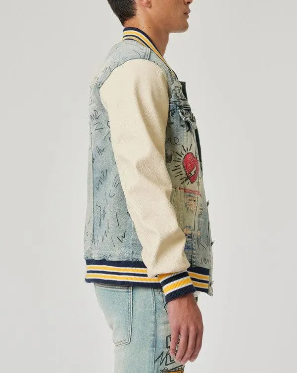 Mens Hand Drawing Leather Sleeves Denim Varsity Jacket