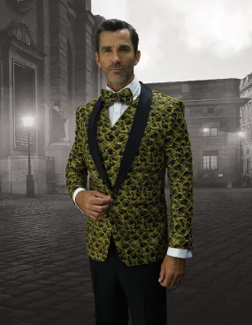 Mens Vested Floar Pattern Shawl Lapel Tuxedo in Gold