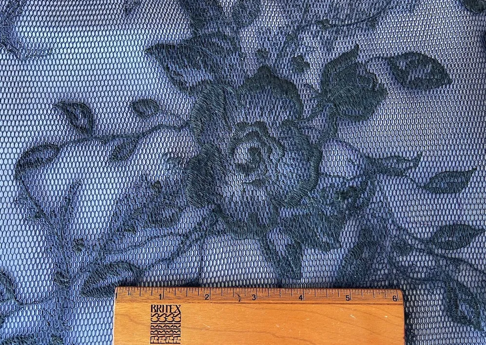 Mid-Weight Embroidered Obsidian Flowers on Midnight Navy Nylon Scuba Mesh