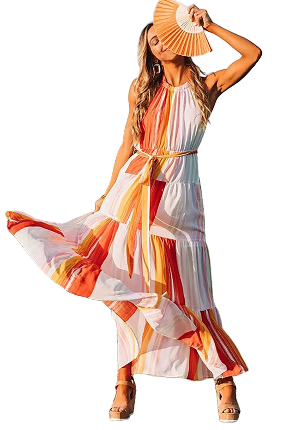 Multicolor Color Block Pleated Halter Neck Backless Maxi Dress