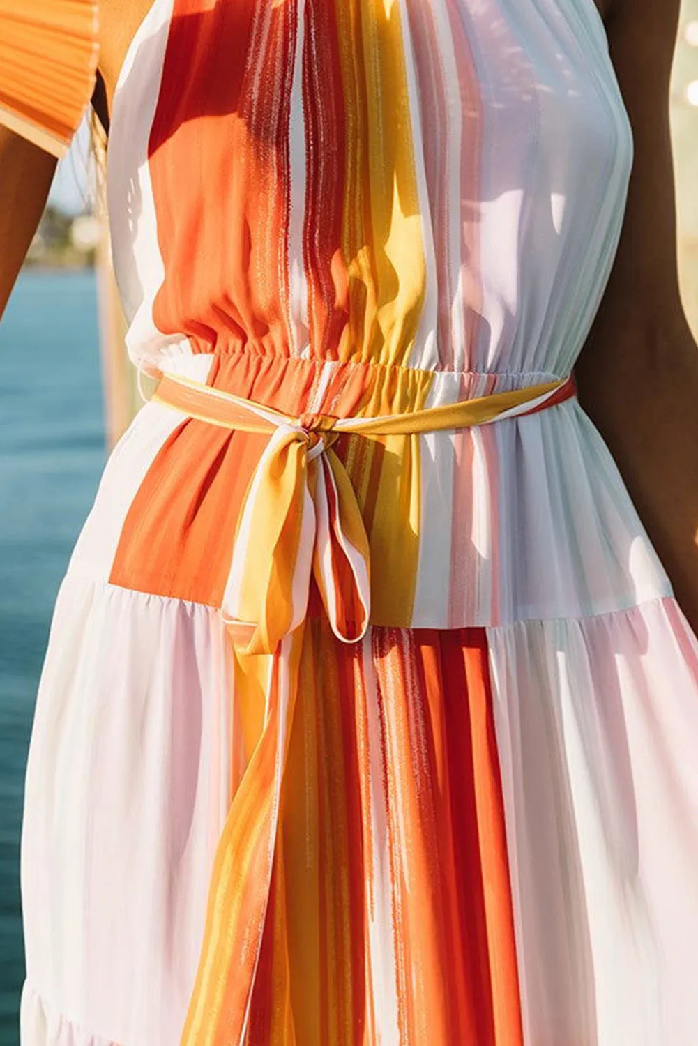 Multicolor Color Block Pleated Halter Neck Backless Maxi Dress