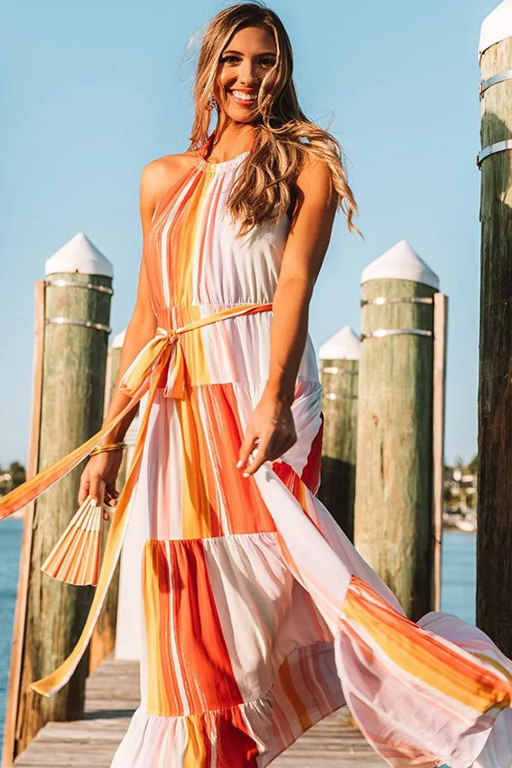 Multicolor Color Block Pleated Halter Neck Backless Maxi Dress