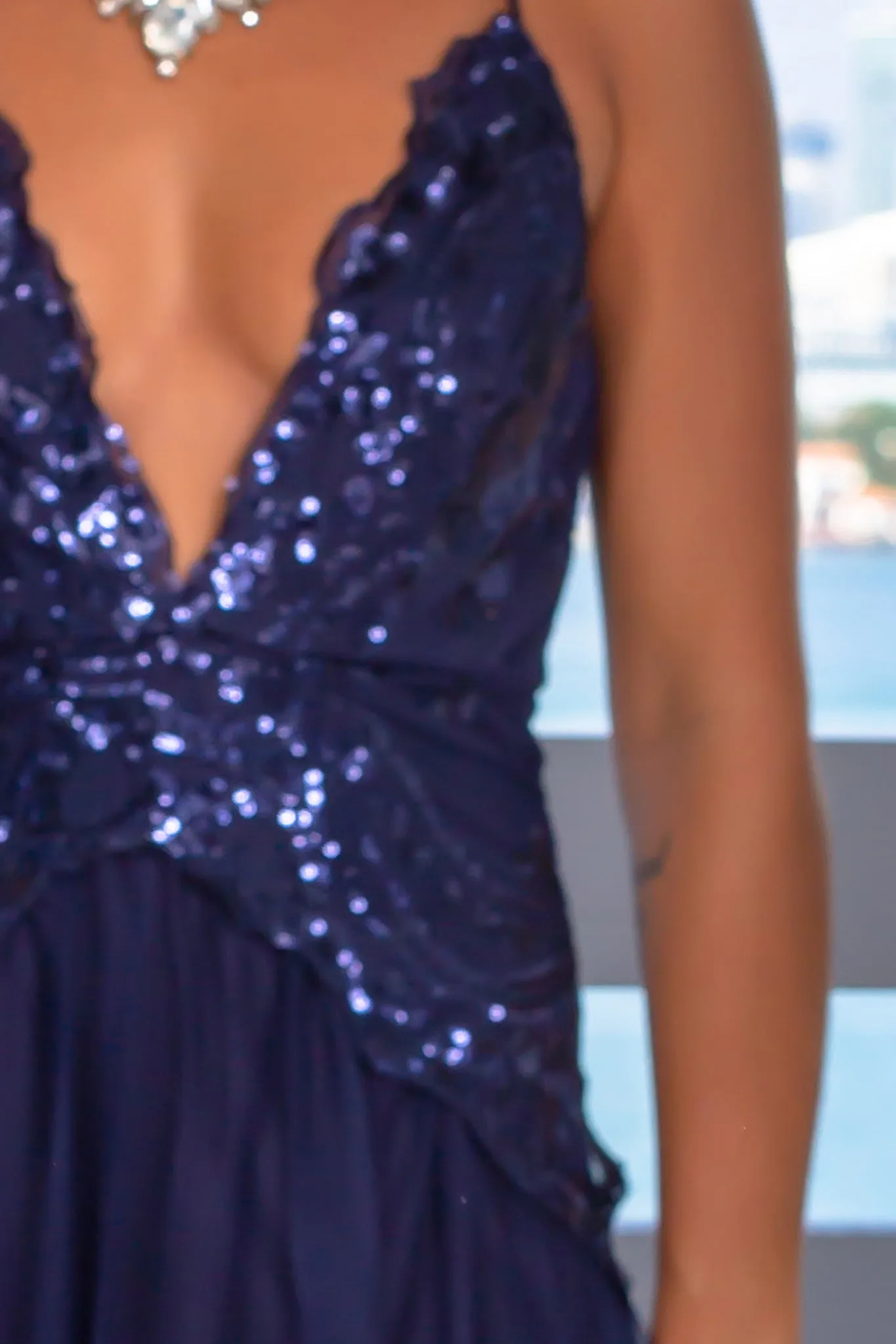 Navy Sequin Top Maxi Dress with Tulle Detail