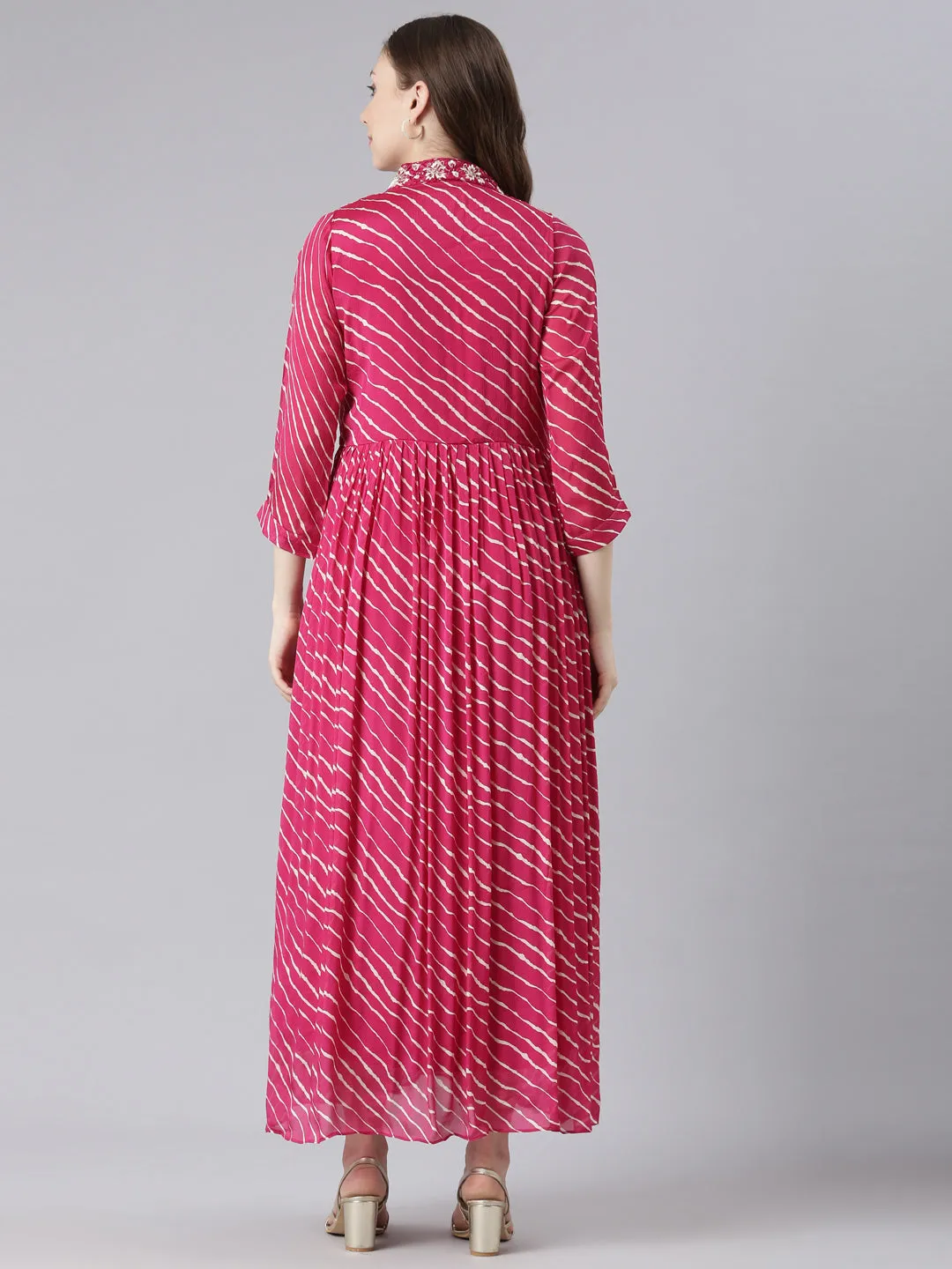 Neerus Pink Cotton Straight Casual Ethnic Motifs Maxi Dresses