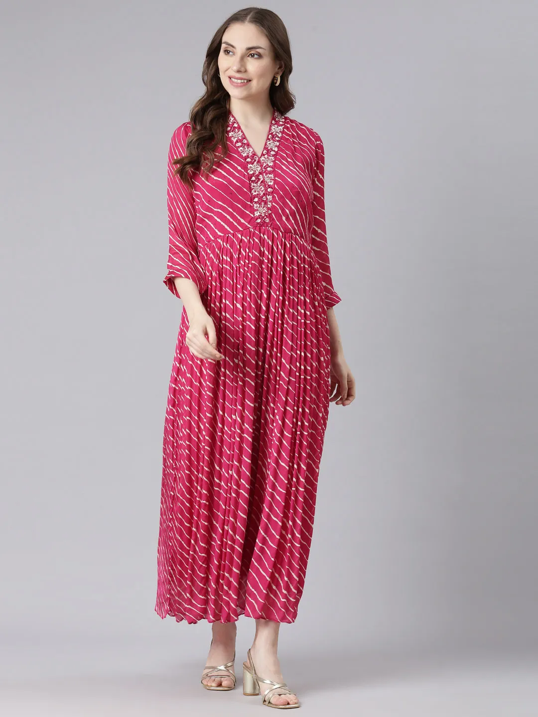 Neerus Pink Cotton Straight Casual Ethnic Motifs Maxi Dresses