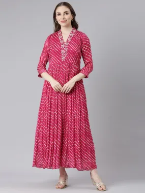 Neerus Pink Cotton Straight Casual Ethnic Motifs Maxi Dresses