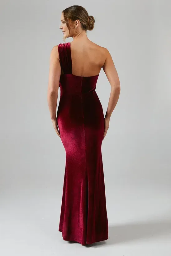 One Shoulder Twist Detail Velvet Maxi Winter Bridesmaids Dress Wedding Guest Dresses