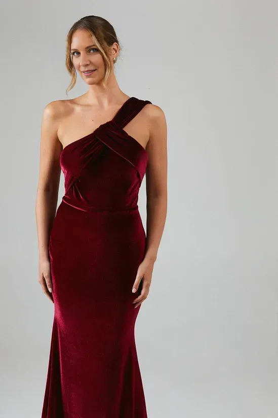 One Shoulder Twist Detail Velvet Maxi Winter Bridesmaids Dress Wedding Guest Dresses