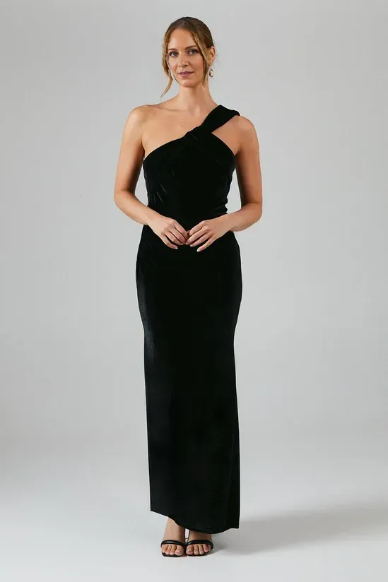 One Shoulder Twist Detail Velvet Maxi Winter Bridesmaids Dress Wedding Guest Dresses