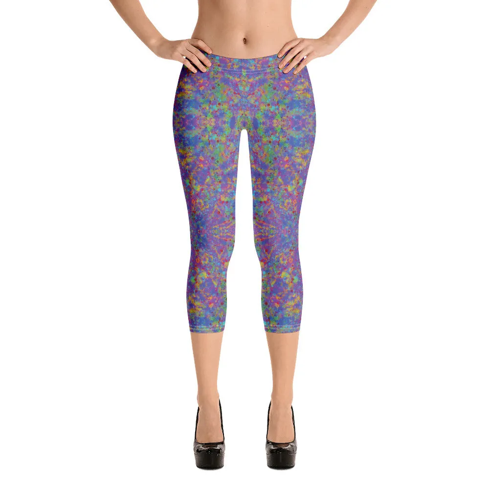 Paint Splatter Rainbow Capri Leggings Trendy Wild Athleisure