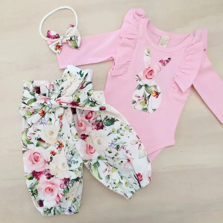 Pink Bunny Floral and Bowknot Pants #100073