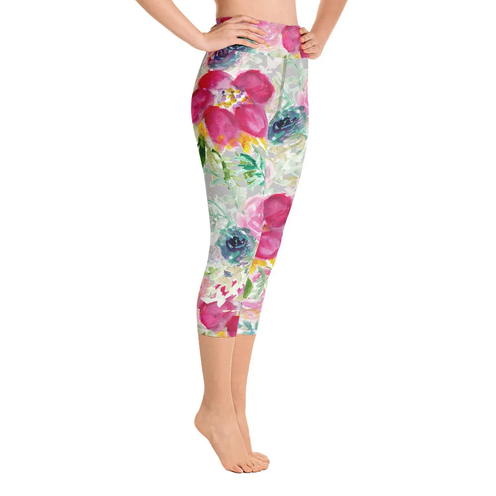 Pink Floral Women's Capri Leggings, Cute Rose Print Yoga Capris Tights - Made in USA/EU