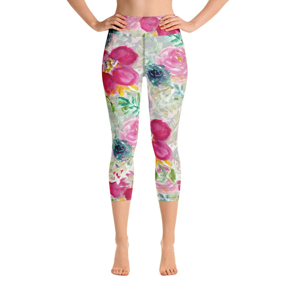 Pink Floral Women's Capri Leggings, Cute Rose Print Yoga Capris Tights - Made in USA/EU