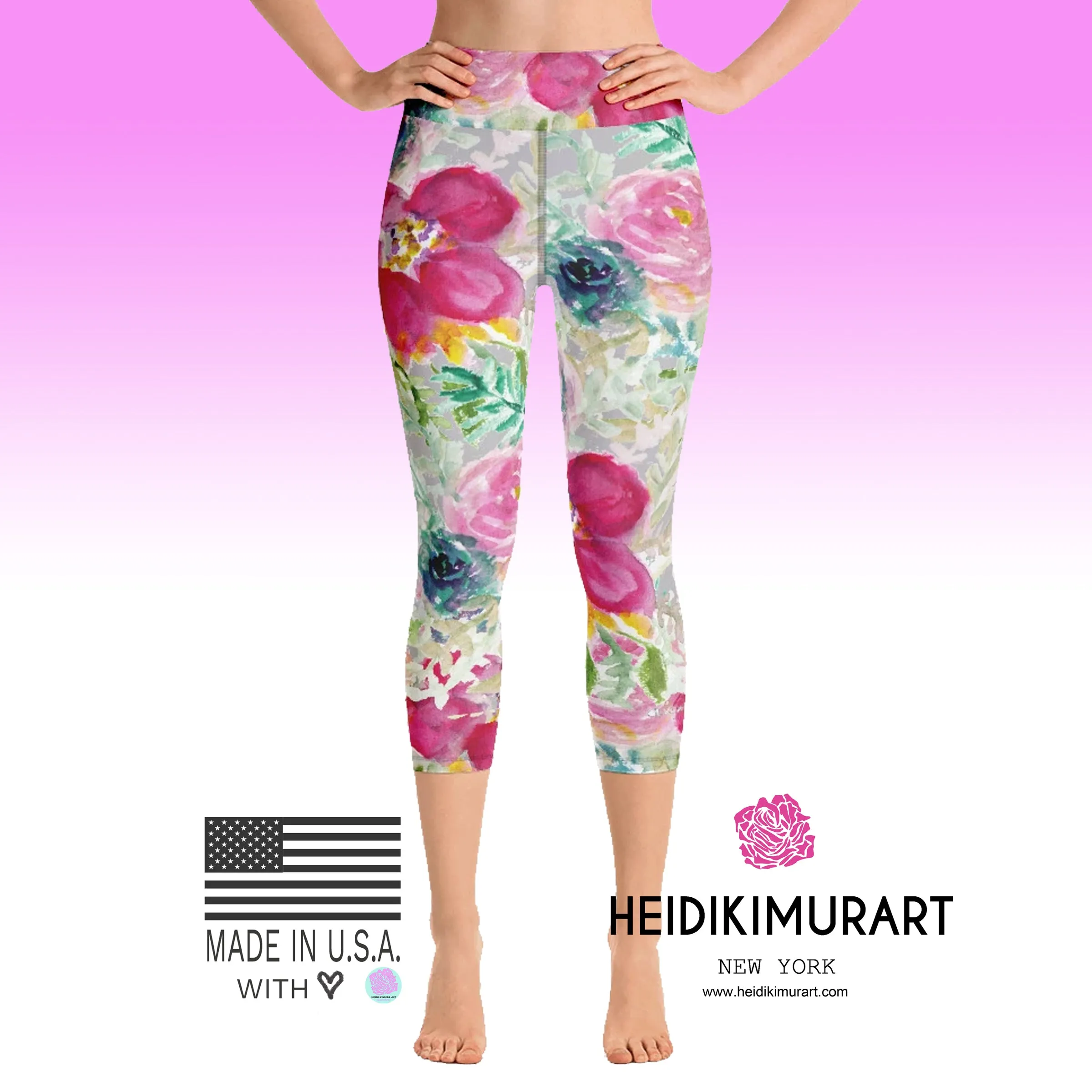 Pink Floral Women's Capri Leggings, Cute Rose Print Yoga Capris Tights - Made in USA/EU