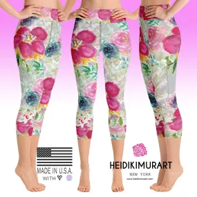 Pink Floral Women's Capri Leggings, Cute Rose Print Yoga Capris Tights - Made in USA/EU