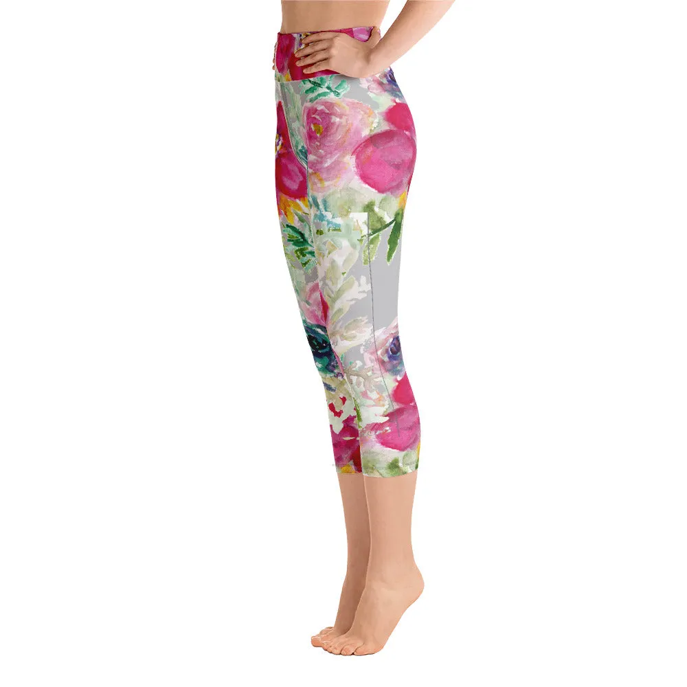 Pink Floral Women's Capri Leggings, Cute Rose Print Yoga Capris Tights - Made in USA/EU