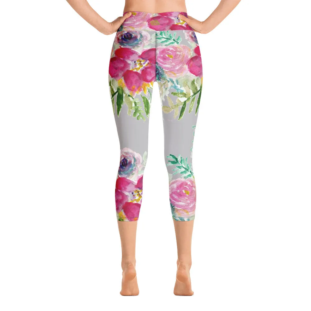 Pink Floral Women's Capri Leggings, Cute Rose Print Yoga Capris Tights - Made in USA/EU