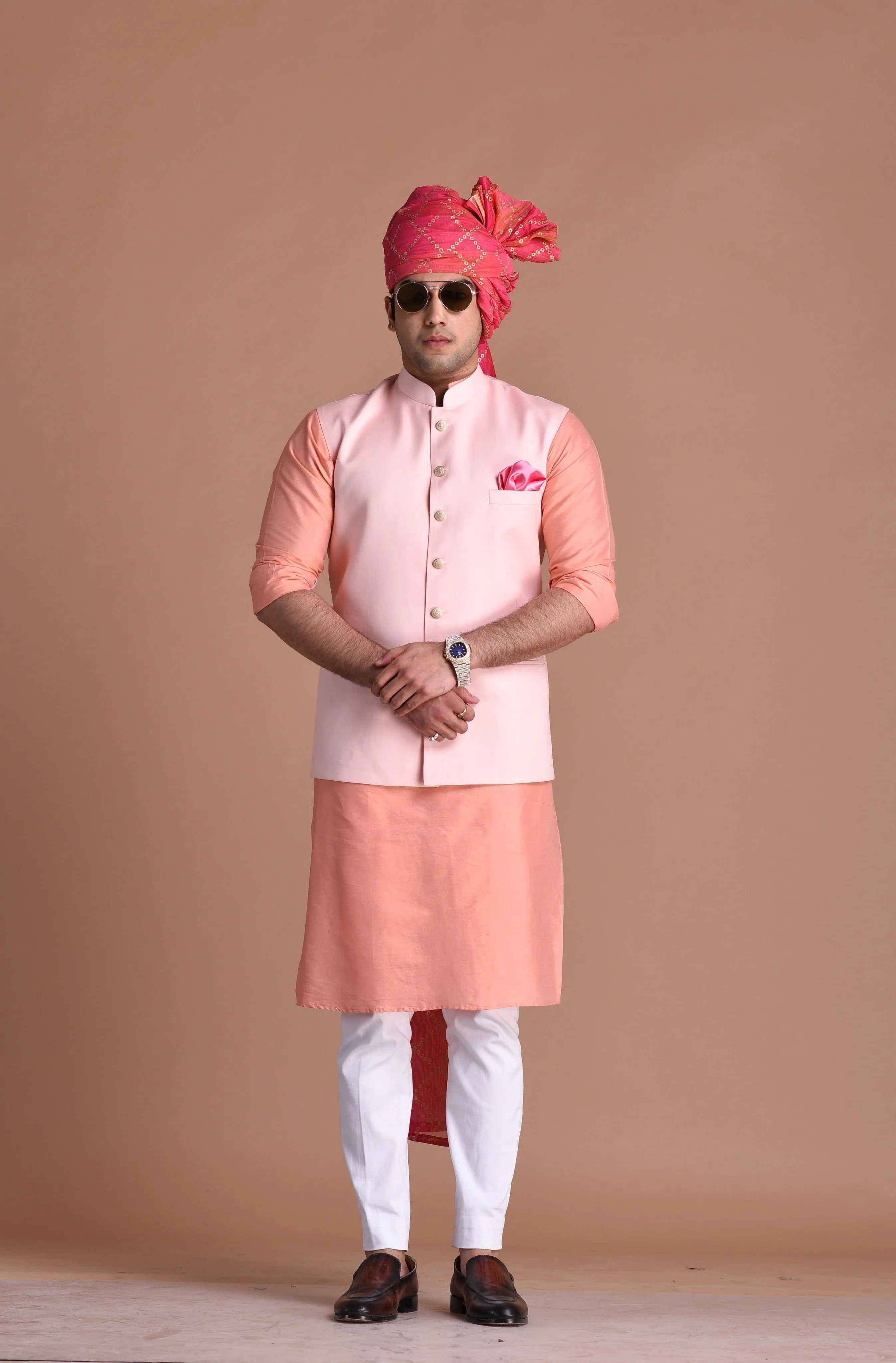 Pink Terry Rayon Nehru Jacket With Peach Silk Kurta Pajama Set