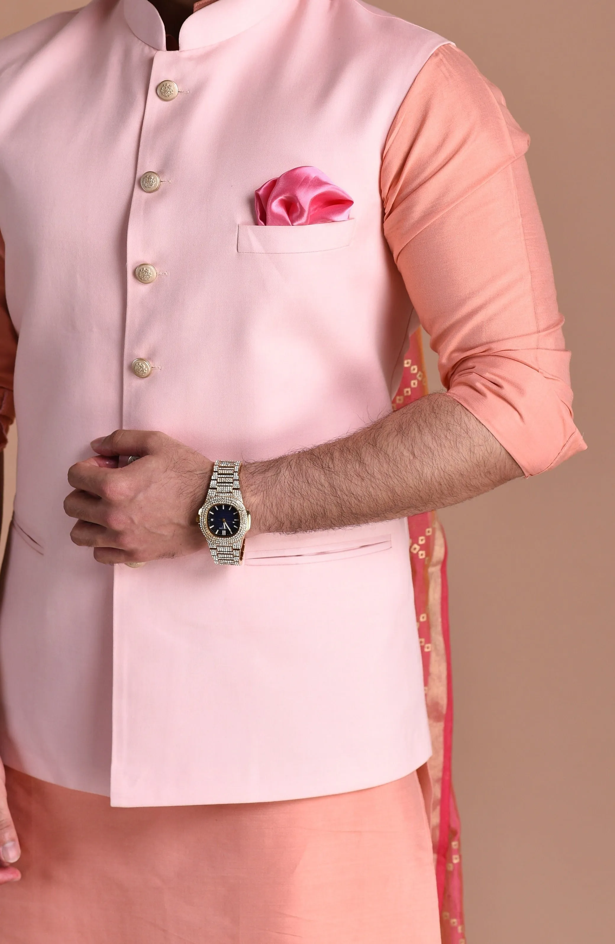 Pink Terry Rayon Nehru Jacket With Peach Silk Kurta Pajama Set