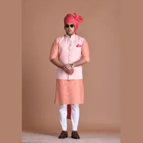 Pink Terry Rayon Nehru Jacket With Peach Silk Kurta Pajama Set