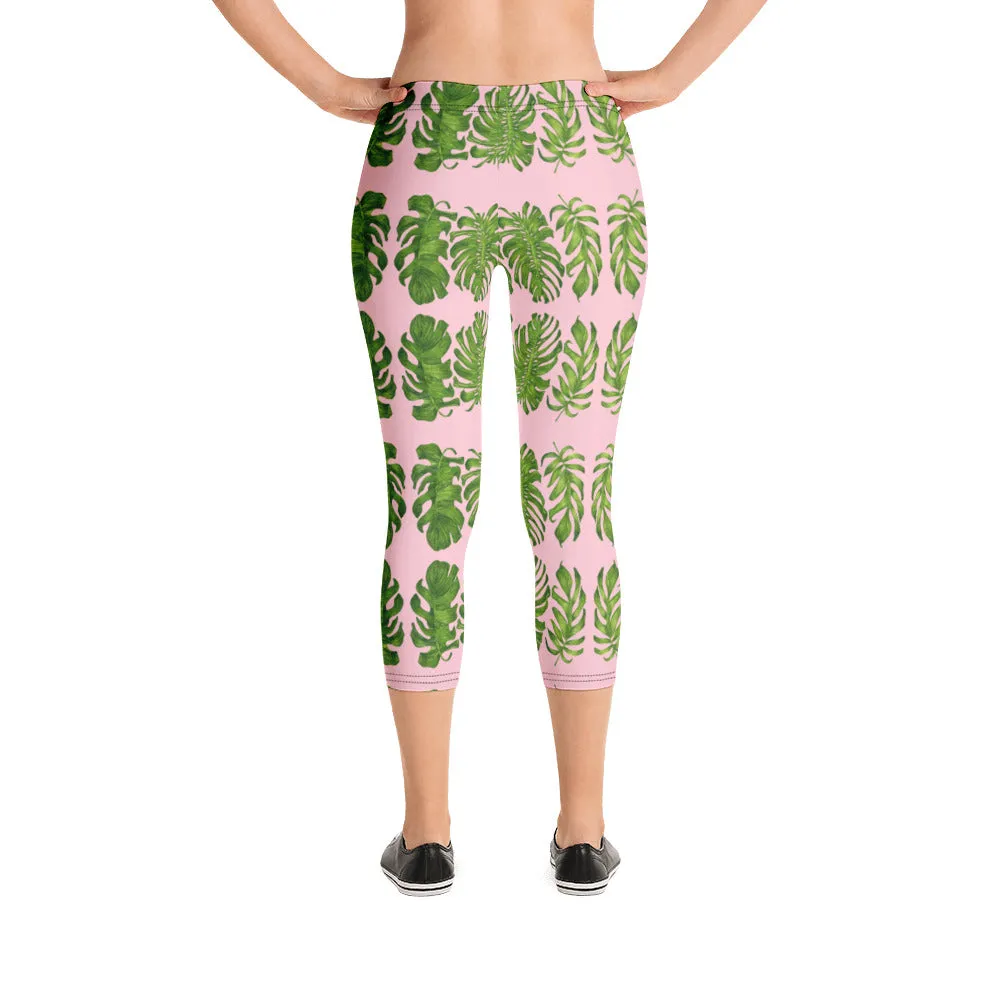 Pink Tropical Leaf Capri Leggings, Nude Pink Hawaiian Style Eve's Capris Casual Tights-Made in USA/EU